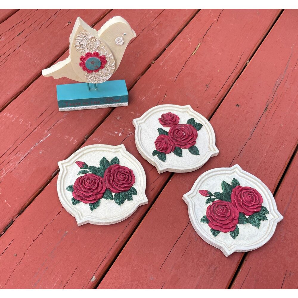 Vintage Rose Wall Plaques Bird Figurine | Cottagecore Floral Wall Decor |